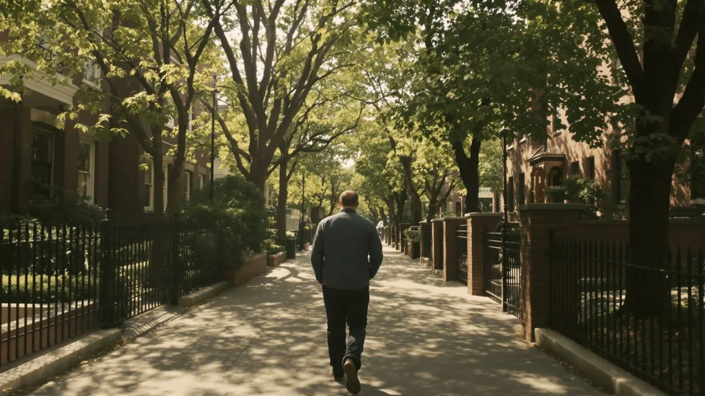 Man walking along tree-lined sidewalk in warm afternoon light with relaxed body posture, inner tension moving toward relief