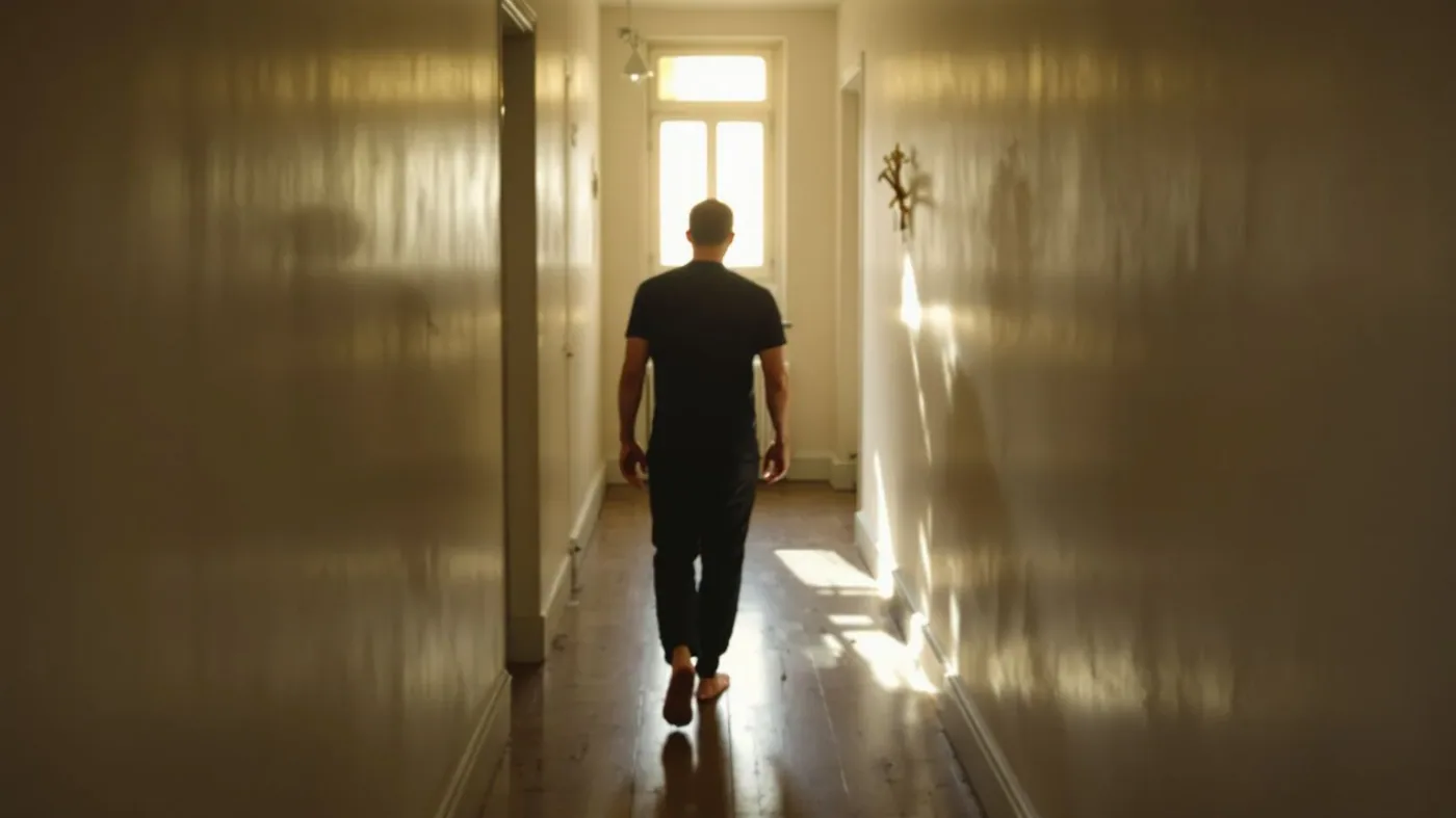 Man walking barefoot down a sunlit hallway showing a clear path for the next 24 hours of somatic practice