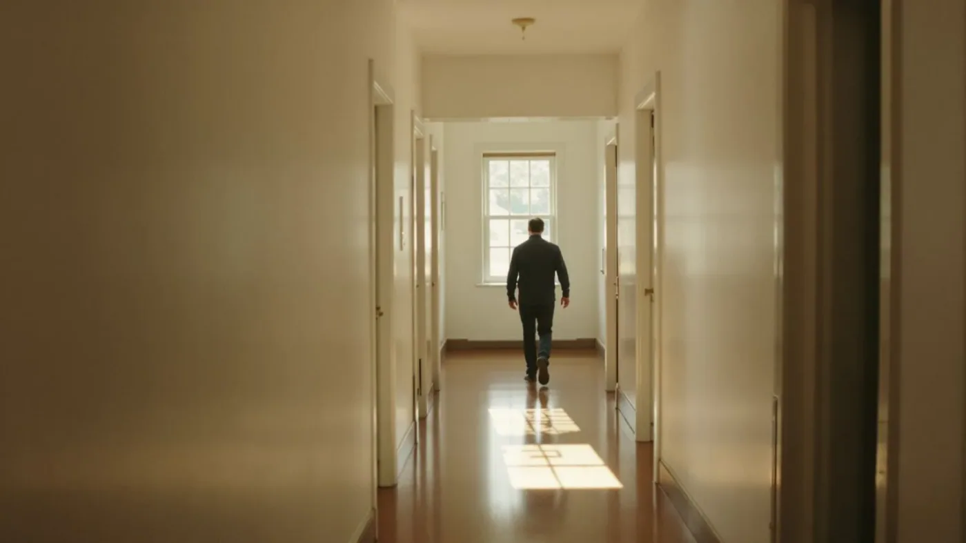 Man walking down a long quiet hallway representing normal suppression patterns that drain recall