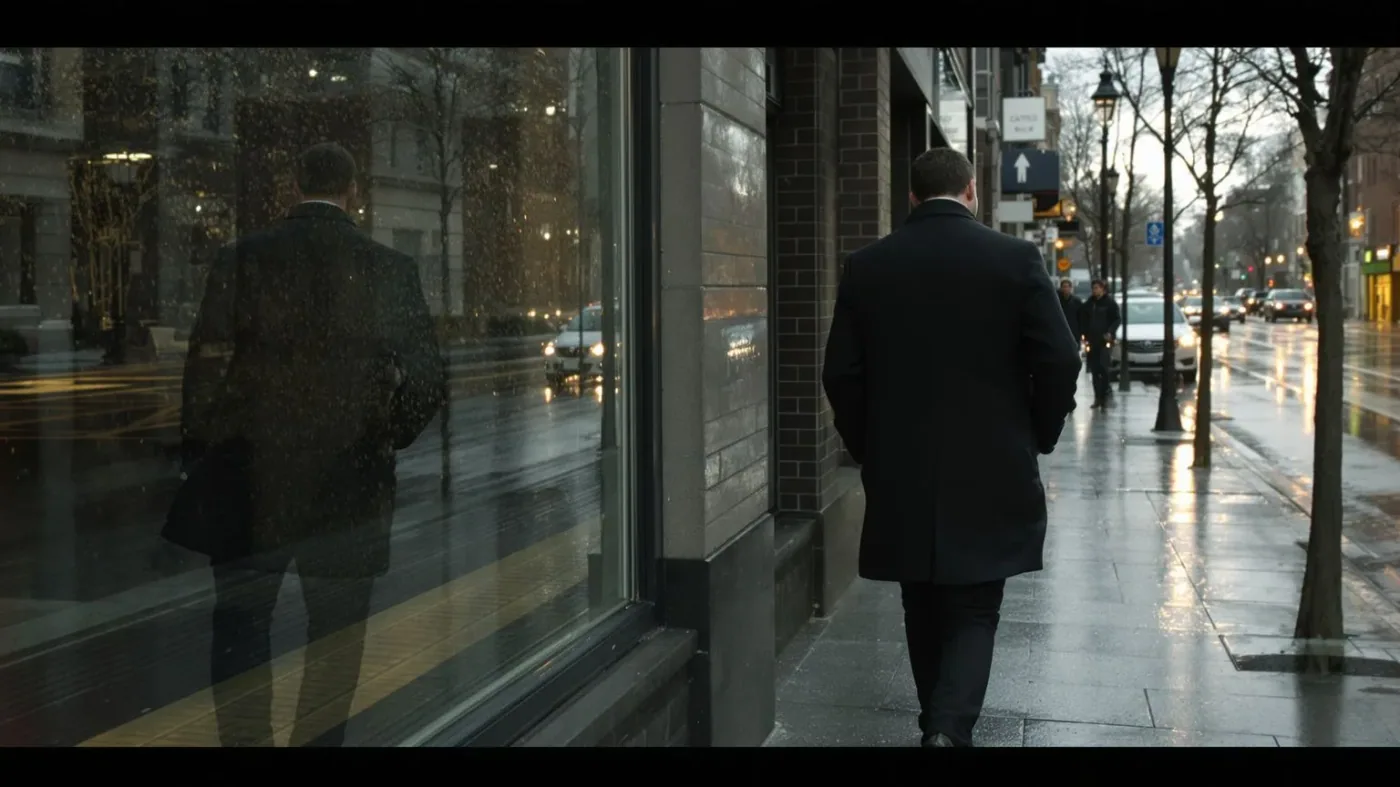 Man walking on wet sidewalk with reflection in storefront glass showing emotional suppression effects in body and posture
