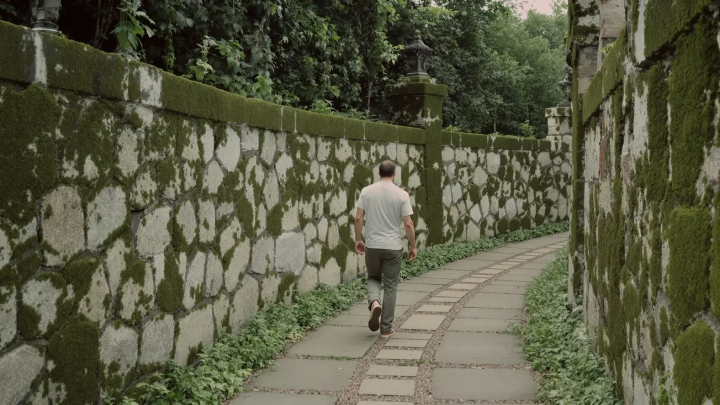 Man walking slowly along stone garden path showing how to make kristin neff self compassion meditations actually land