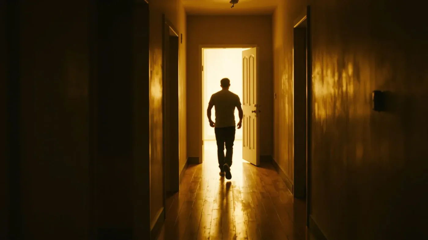 Man walking toward open doorway with dropping shoulders showing what keeps the mask in place and the pull to release