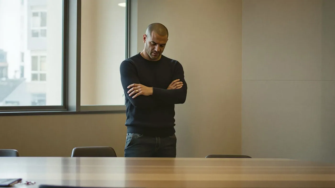 Man with arms crossed and clenched jaw showing body signs of hiding true self in professional setting