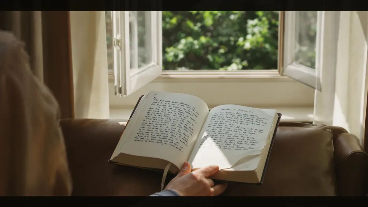 Open journal and relaxed hand on leather chair in morning light representing memory clarity after emotional release