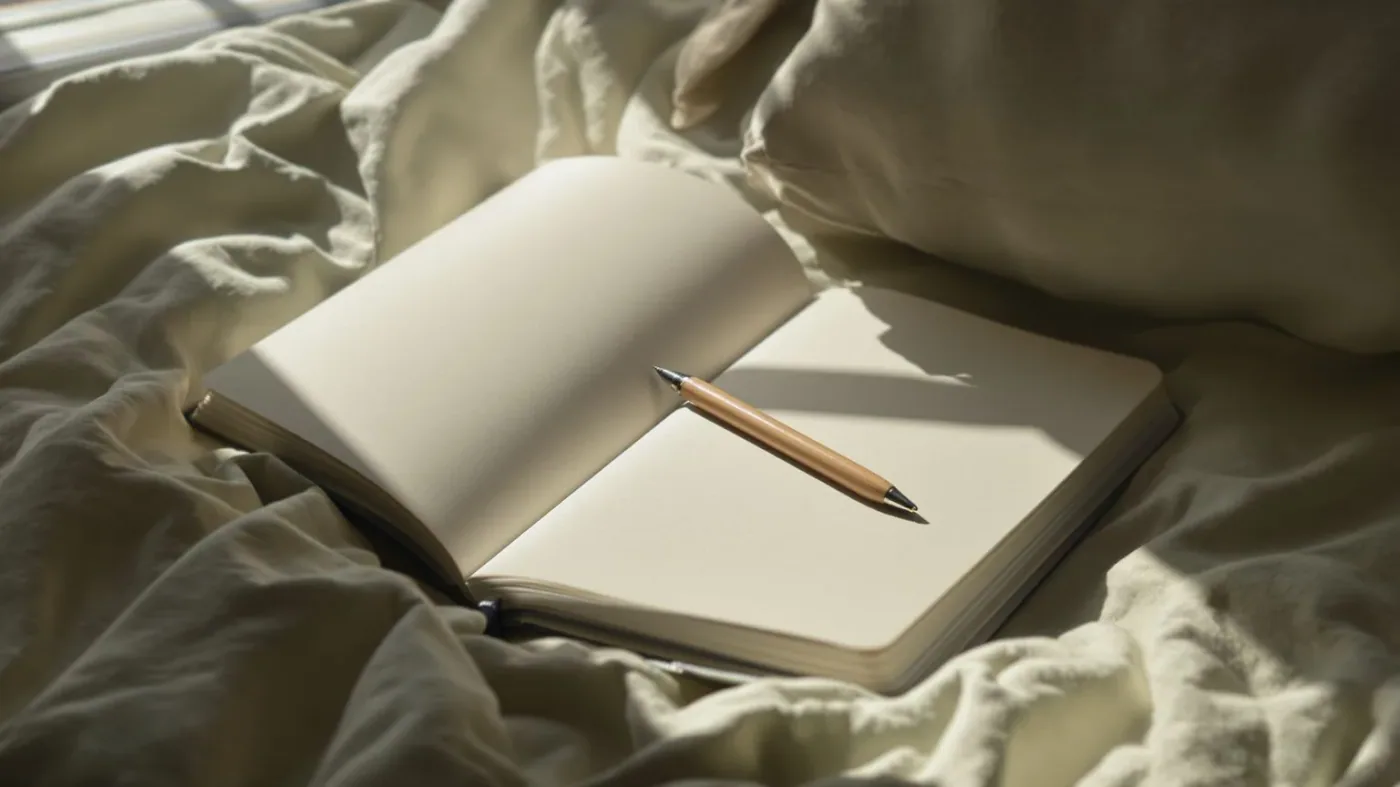 Open notebook on linen bedding in morning light representing a practice for when hiding takes over