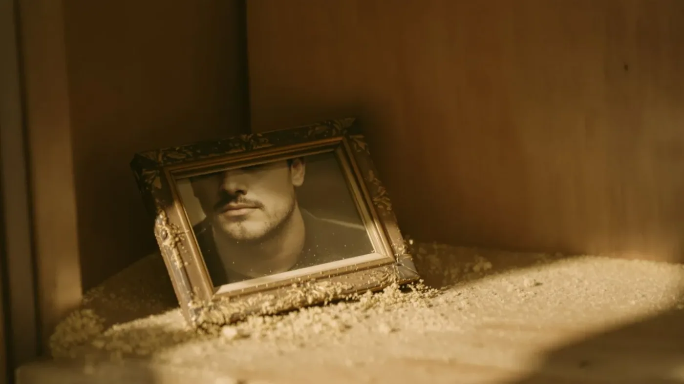 Overturned vintage photo frame on dusty shelf with person's neck visible showing history behind not enough voice