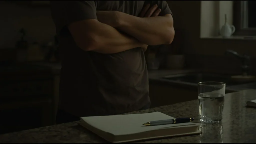 Person leaning against kitchen counter at night near notebook and pen, evoking journal prompts for emotional healing