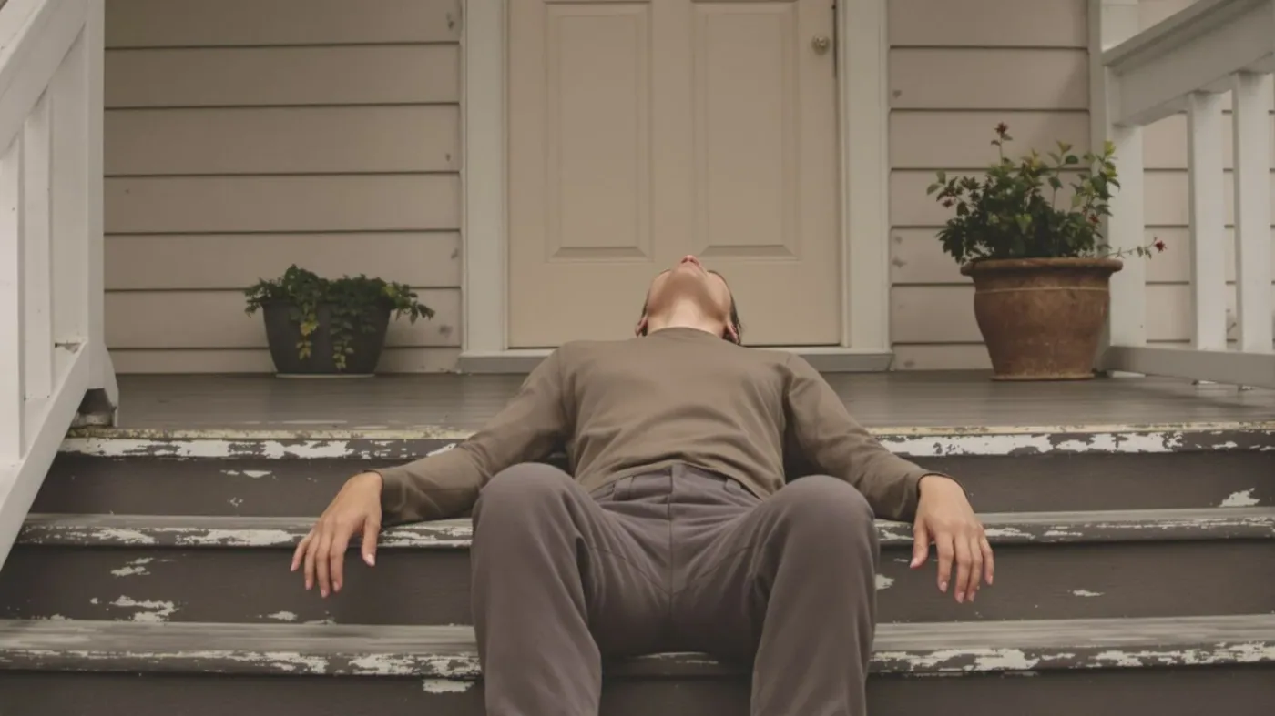 Person leaning back on wooden porch steps with eyes closed and open chest, embodying permission over Person leaning back on wooden porch steps with eyes closed and open chest, embodying permission over pressure in the body