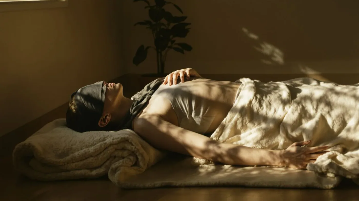 Person lying on a blanket on a wooden floor with eyes covered, practicing safe body contact during a Person lying on a blanket on a wooden floor with eyes covered, practicing safe body contact during a grounding exercise