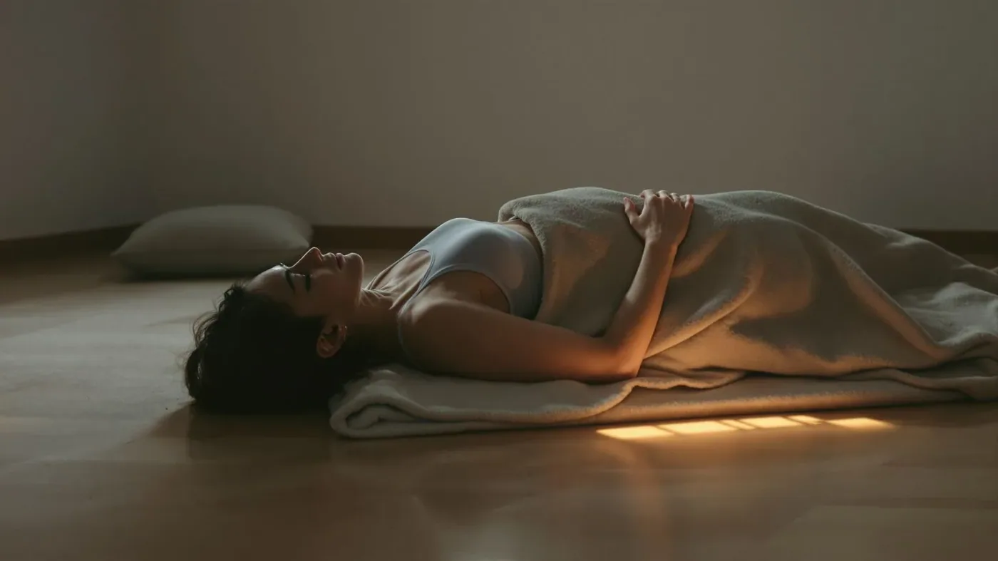 Person lying on a blanket on the floor at dusk practicing a grounded body exercise for feeling alone in a relationship