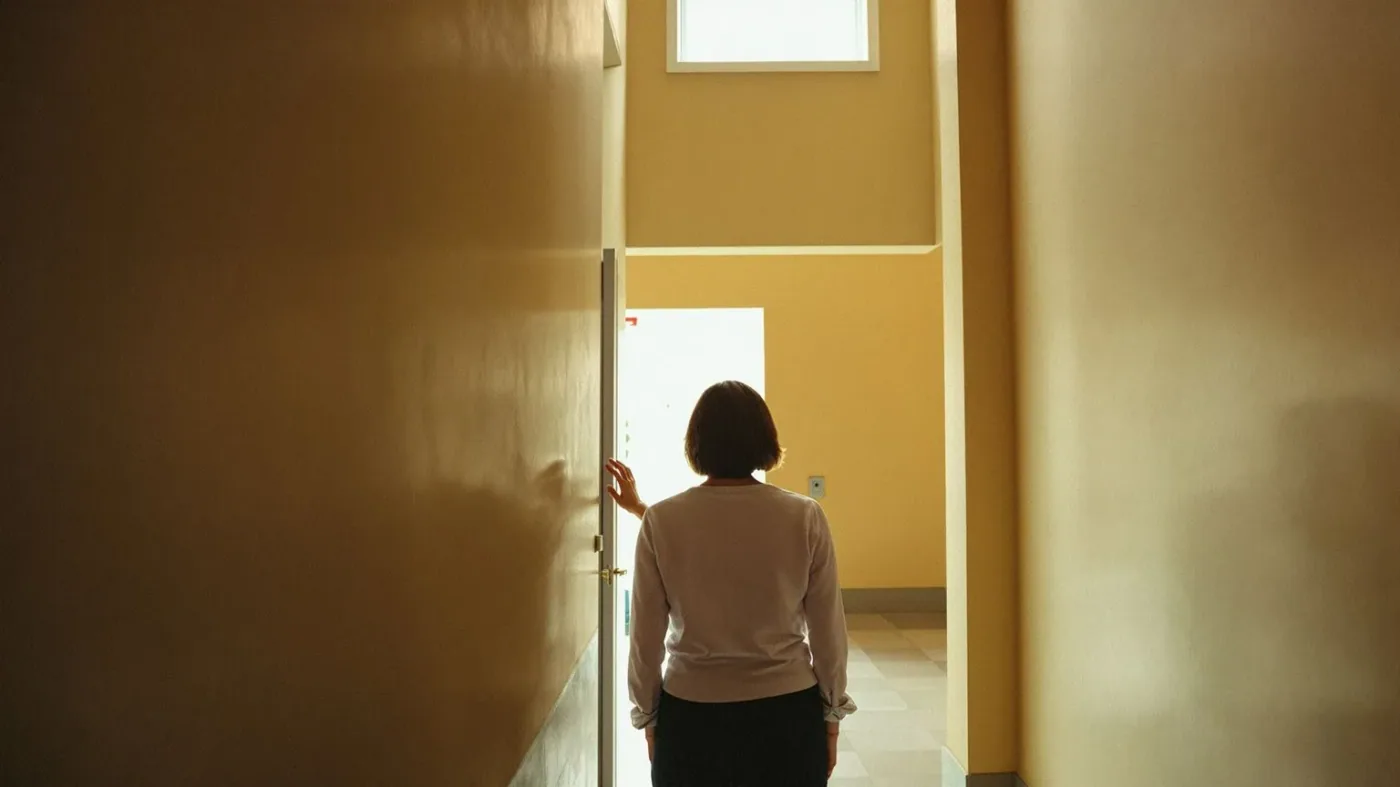 Person paused at hallway junction showing where people get stuck between performing and honesty