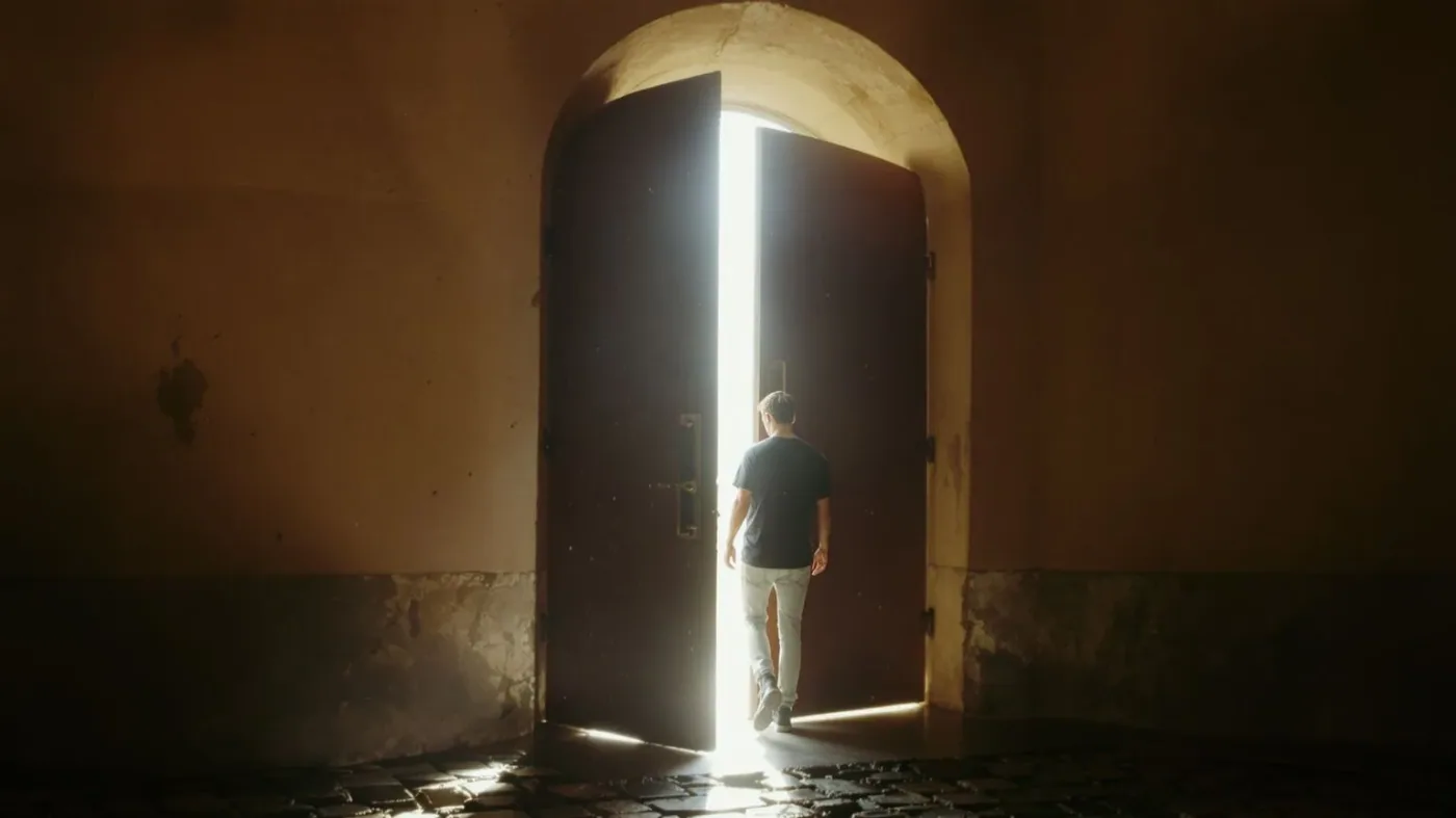 Person pausing at stone doorway threshold between shadow and light showing emotional turning point