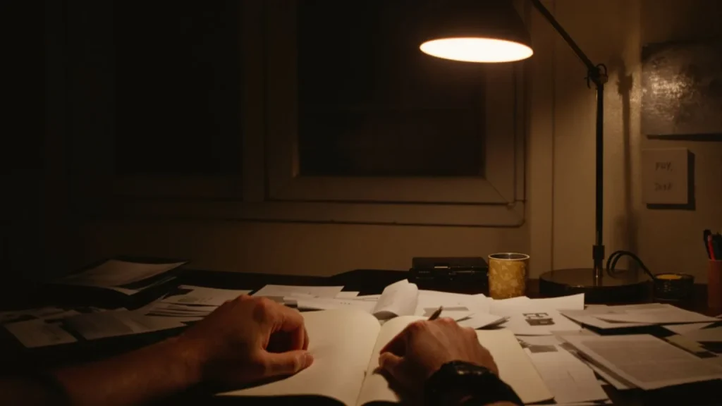 Person sitting at a dimly lit desk at night wondering why do I hate myself with warm lamp light on hands and notebook
