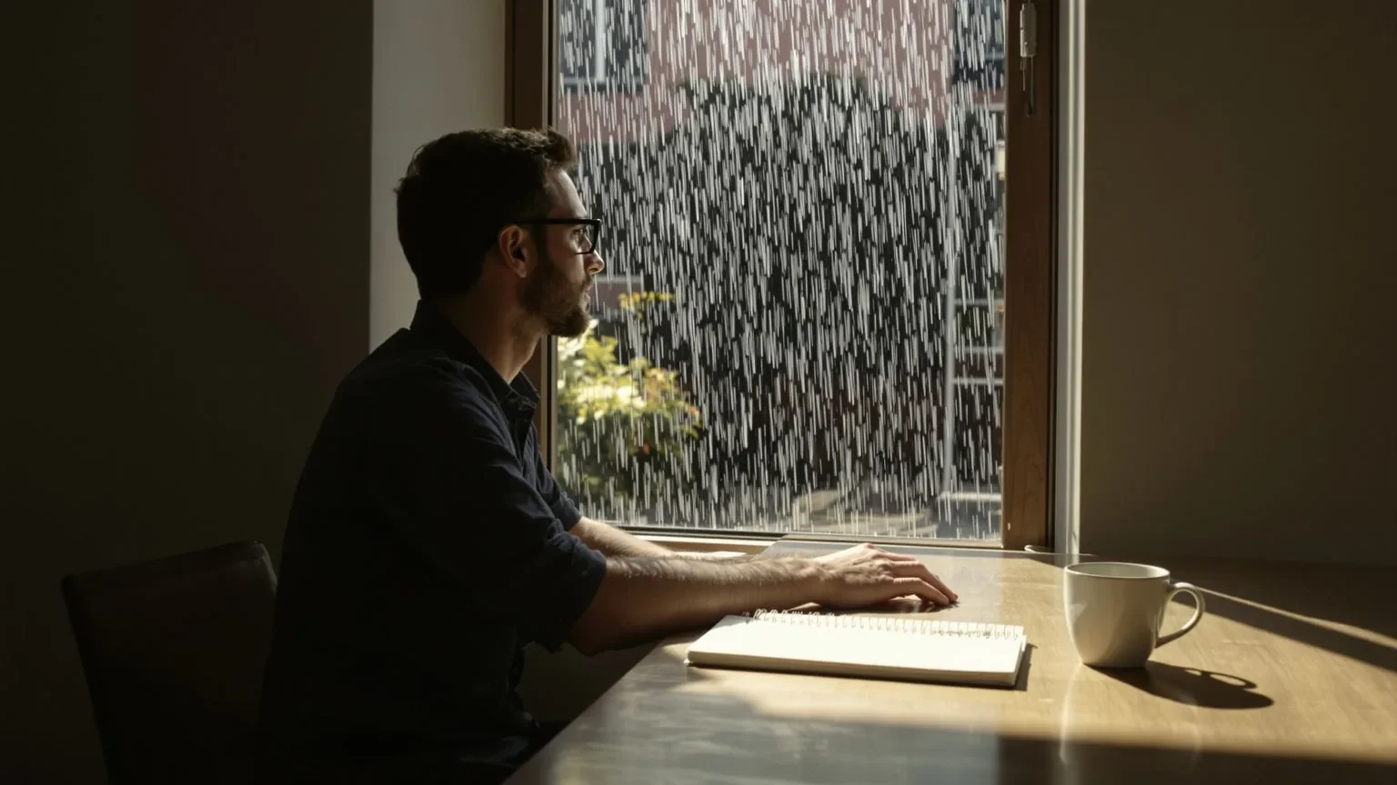 Person sitting at desk by rain-streaked window wondering why cant i cry anymore as water shadows play across the surface