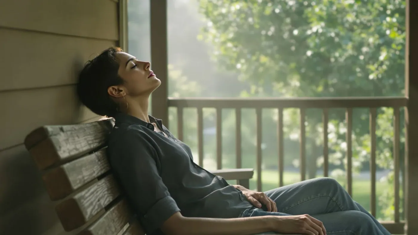 Person sitting on porch with face tilted up and eyes closed as the pattern of feeling emotionally unsafe begins to release