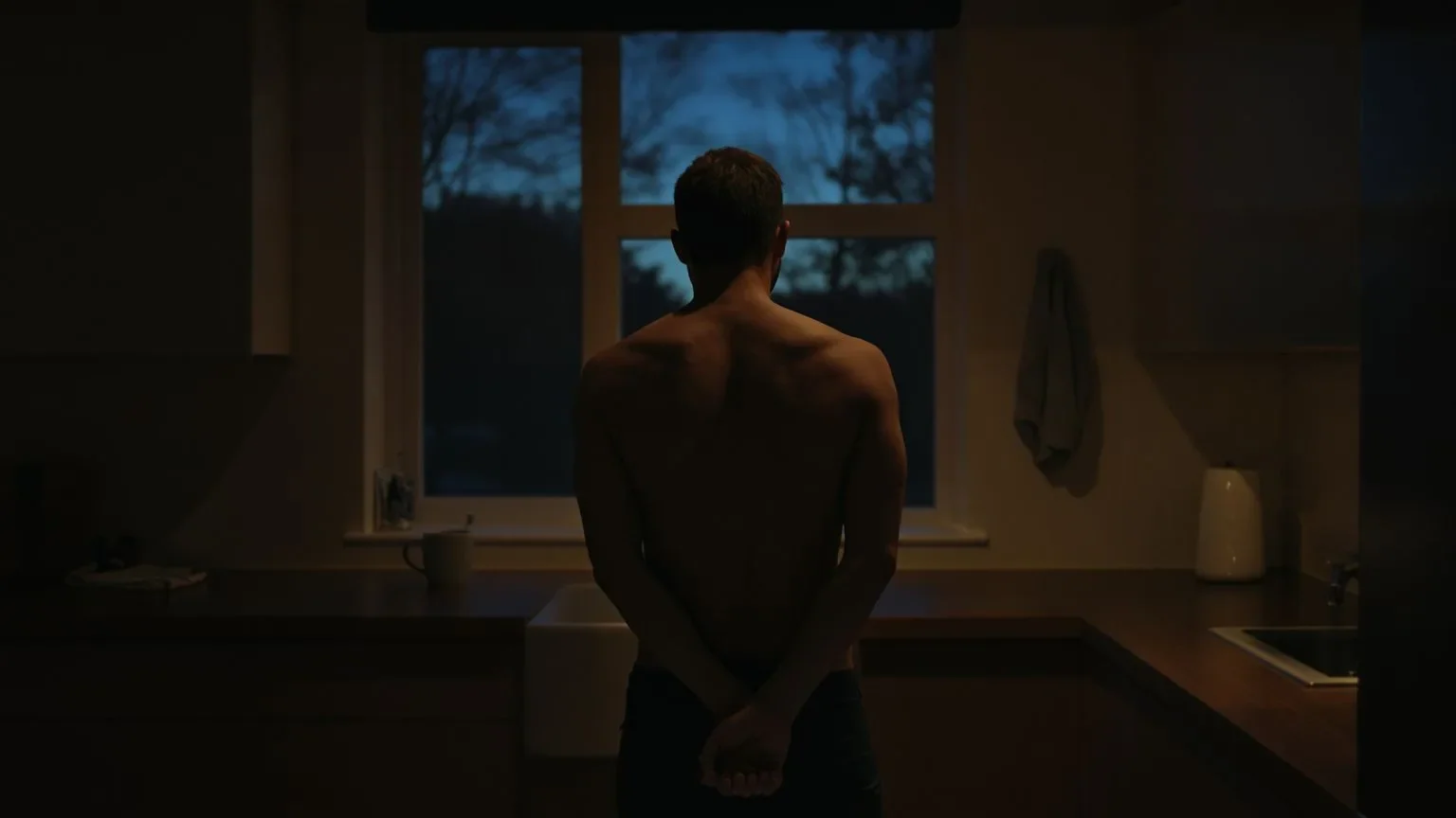 Person standing in kitchen with arms crossed over stomach feeling emotionally unsafe, blue-hour window light casting soft shadows