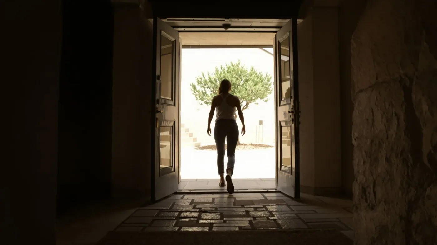 Person stepping through a stone doorway into sunlight with relaxed body posture, showing what change Person stepping through a stone doorway into sunlight with relaxed body posture, showing what changes with real practice