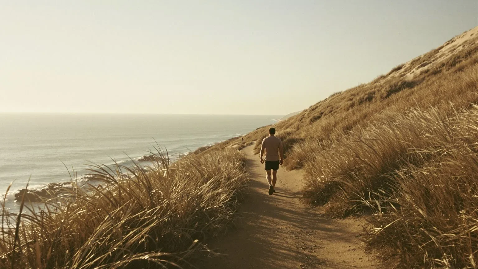 Person walking a coastal bluff path at golden hour, tense shoulders showing how to feel safe in your Person walking a coastal bluff path at golden hour, tense shoulders showing how to feel safe in your own skin