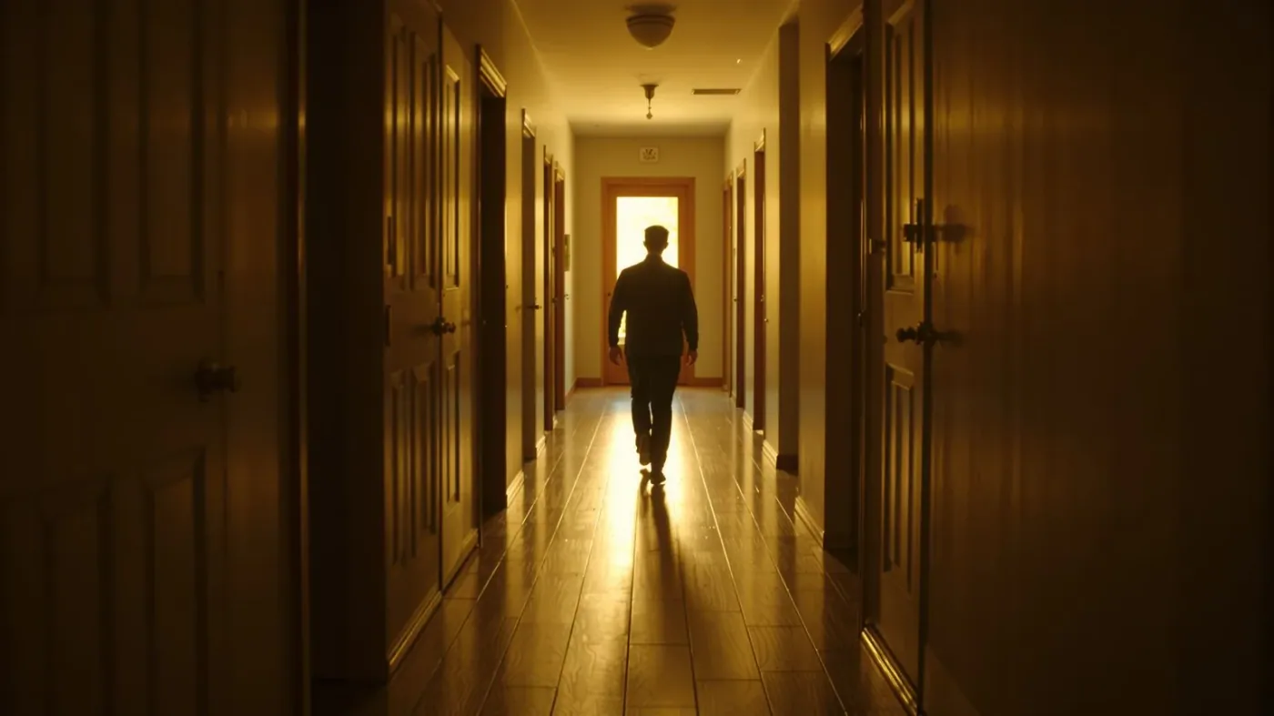 Person walking down a long hallway toward window light illustrating why the self-hate loop survives even when you understand it