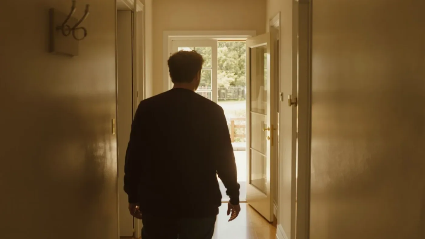 Person walking toward an open sunlit doorway with relaxed body after journaling for emotional healing