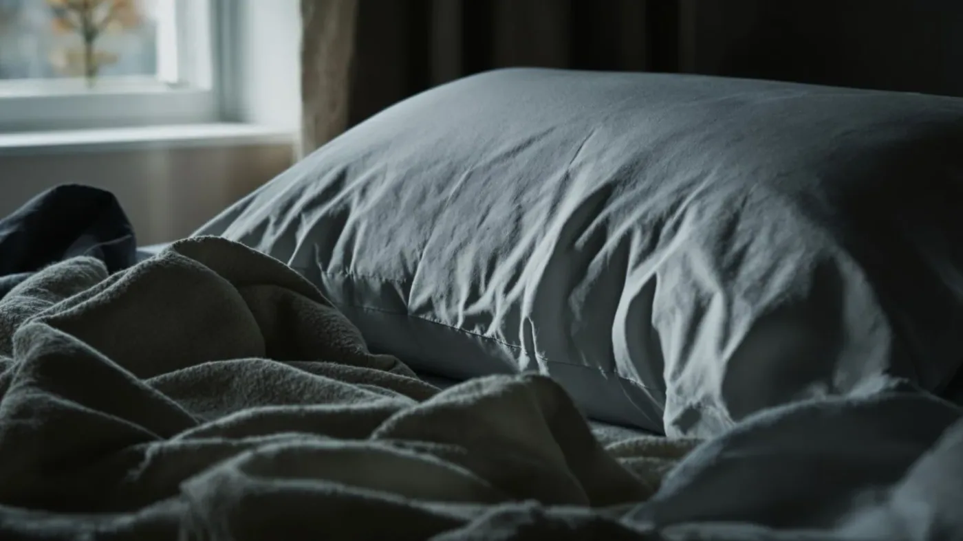 Pillow impression on unmade bed at night showing the immediate next step of staying with breath and body
