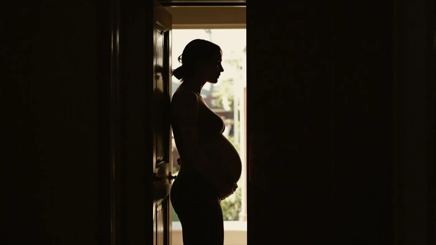 Pregnant woman standing in a doorway threshold between shadow and light, one honest step forward