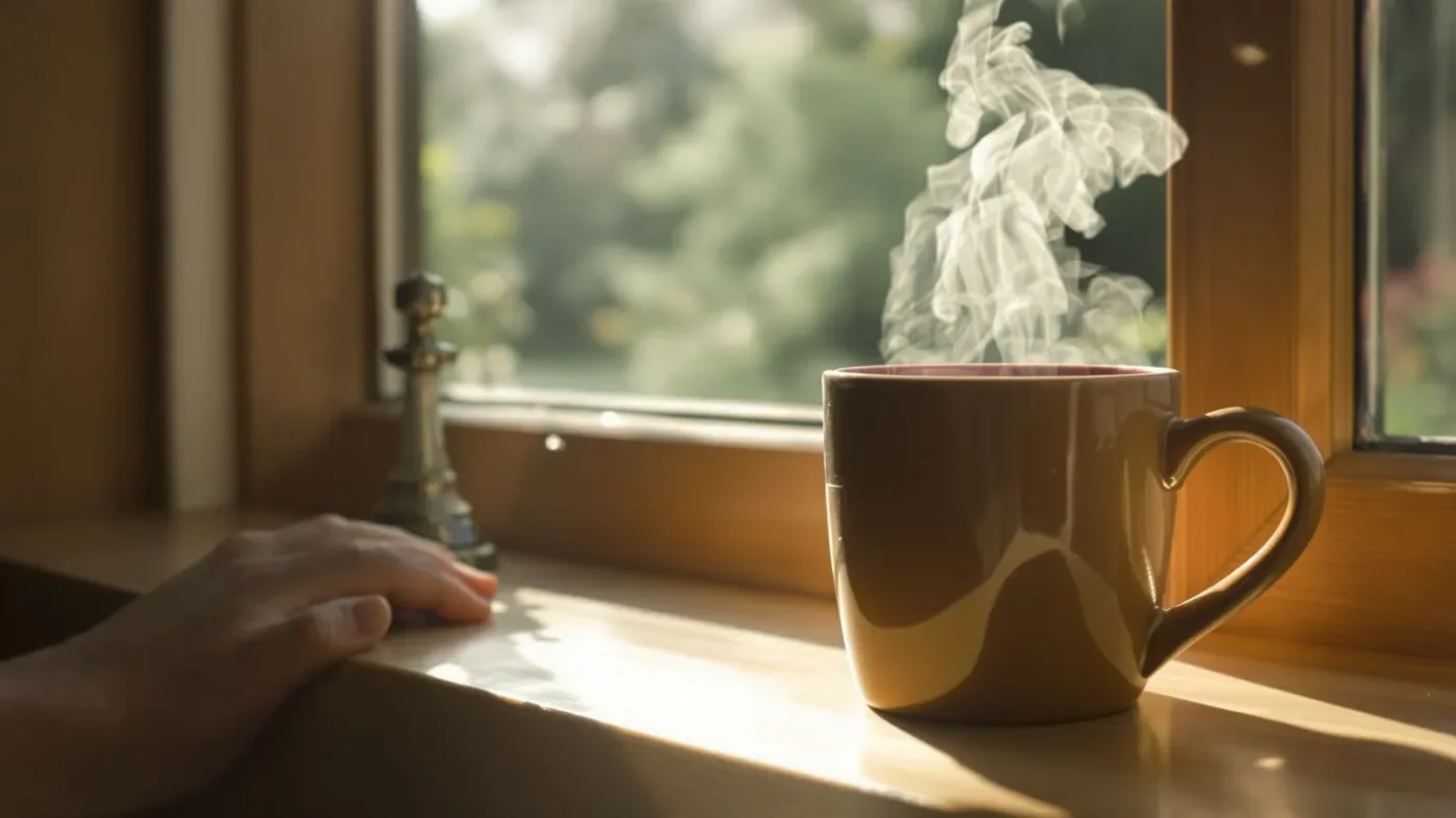 Relaxed hand around steaming mug on windowsill showing what changes after emotional masking starts lifting