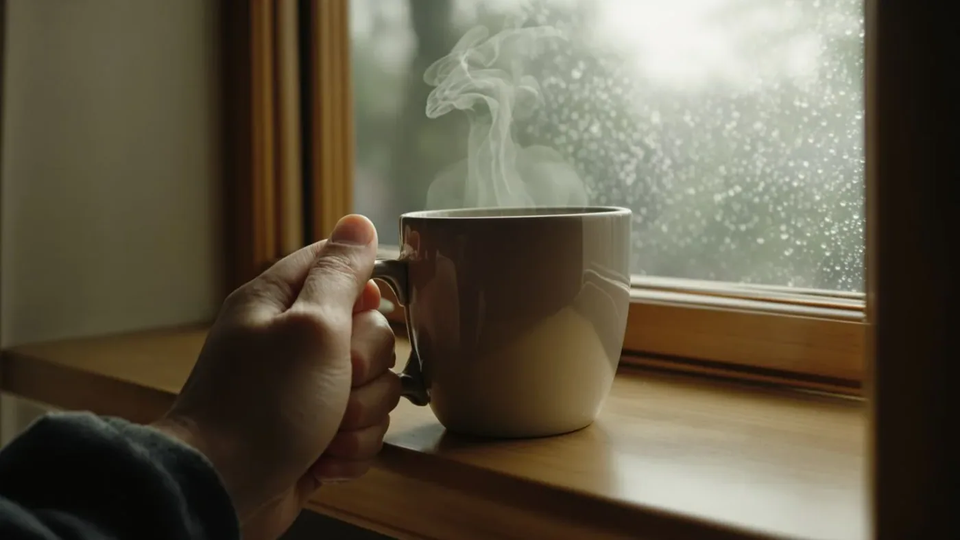 Relaxed hand holding ceramic tea mug by foggy window showing what softens after consistent practice