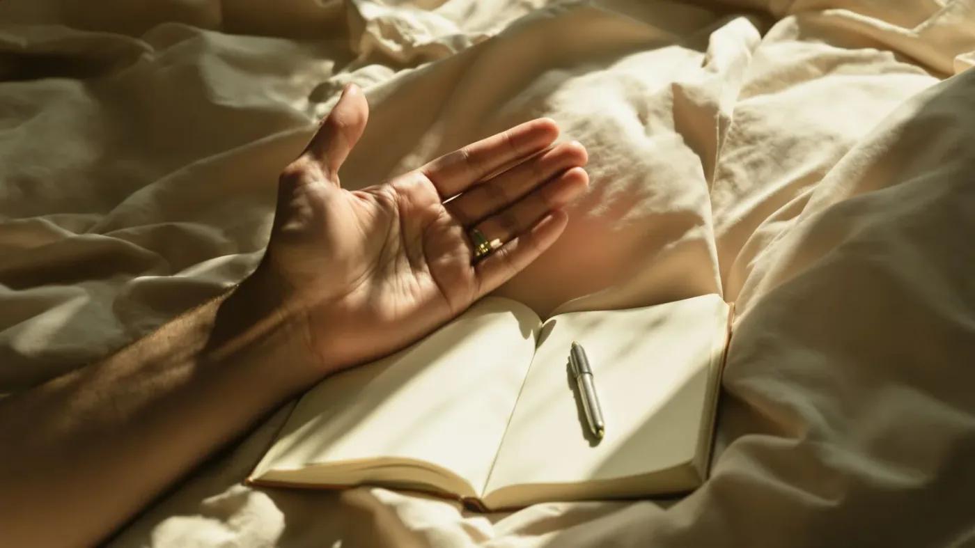 Relaxed open hand beside notebook on linen surface showing why people hide feelings and what still matters