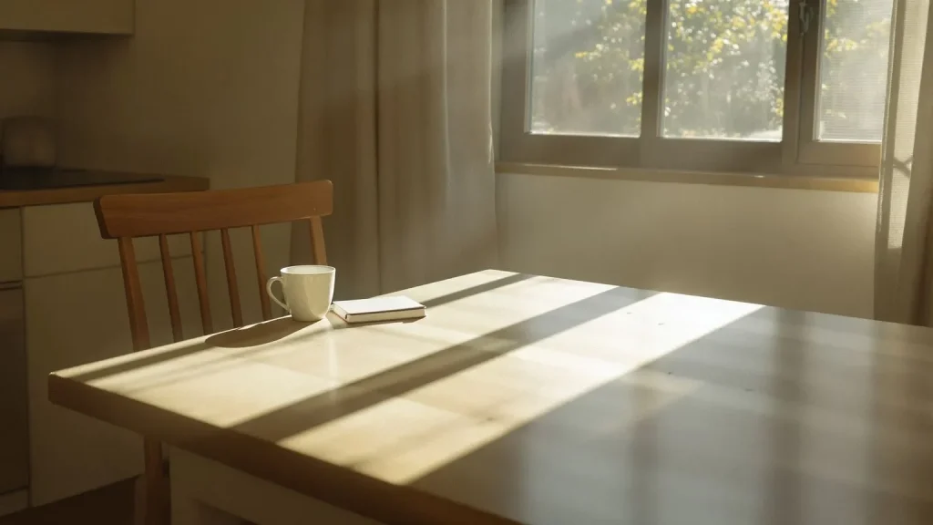 Sunlit kitchen table with cup and notebook suggesting a quiet moment of emotional exhaustion recovery