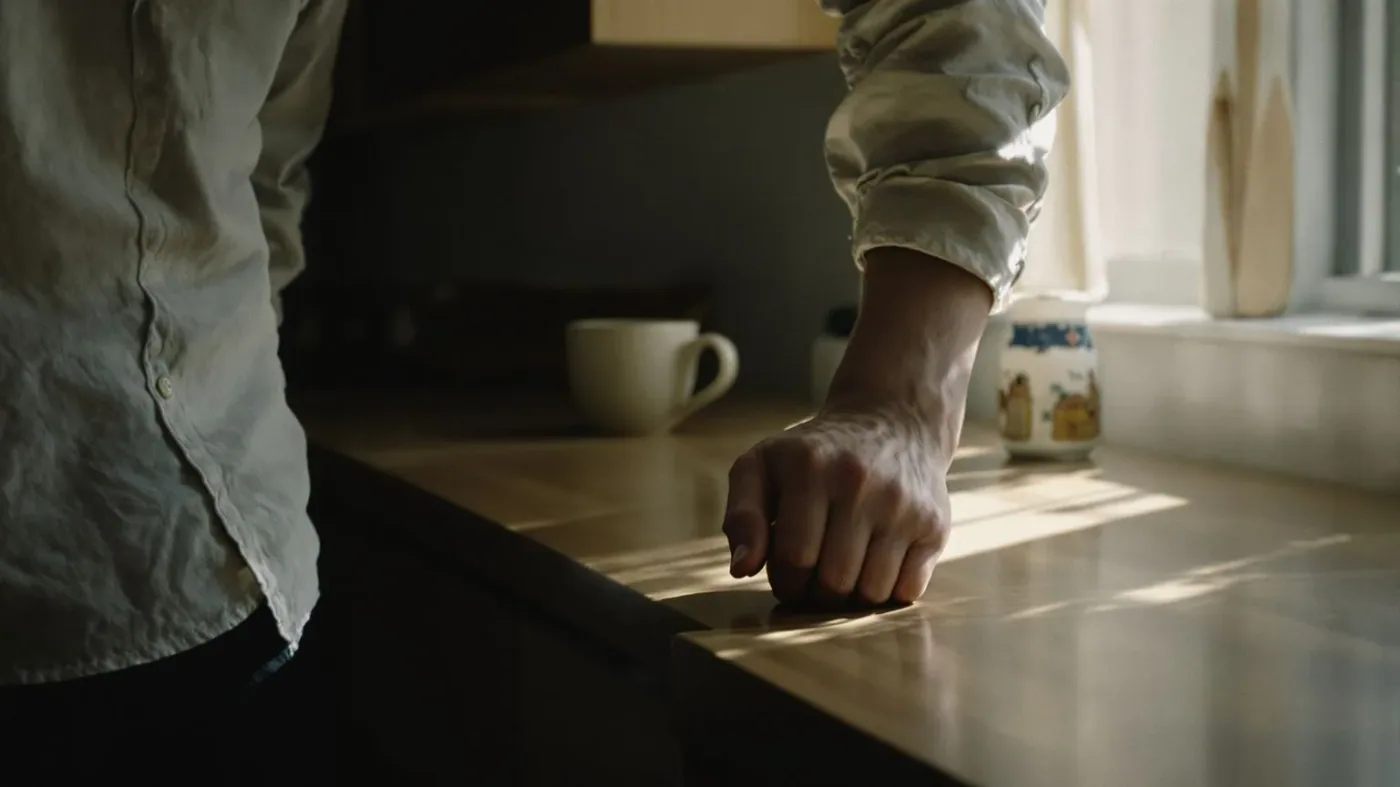 Tense hands gripping a kitchen counter, body braced and frozen, showing why the body says no before Tense hands gripping a kitchen counter, body braced and frozen, showing why the body says no before the mind understands