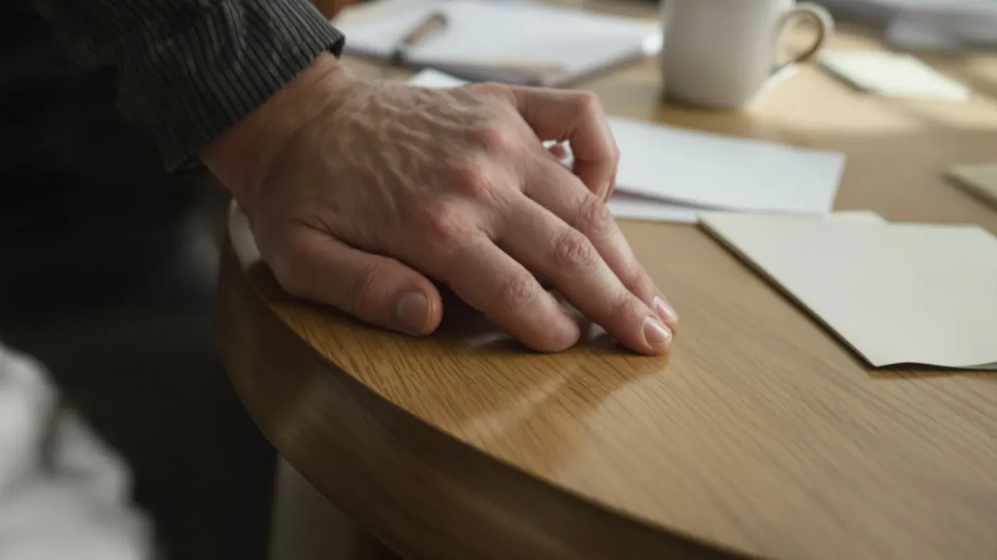 Tense hands gripping desk edge showing body tension before hiding feelings