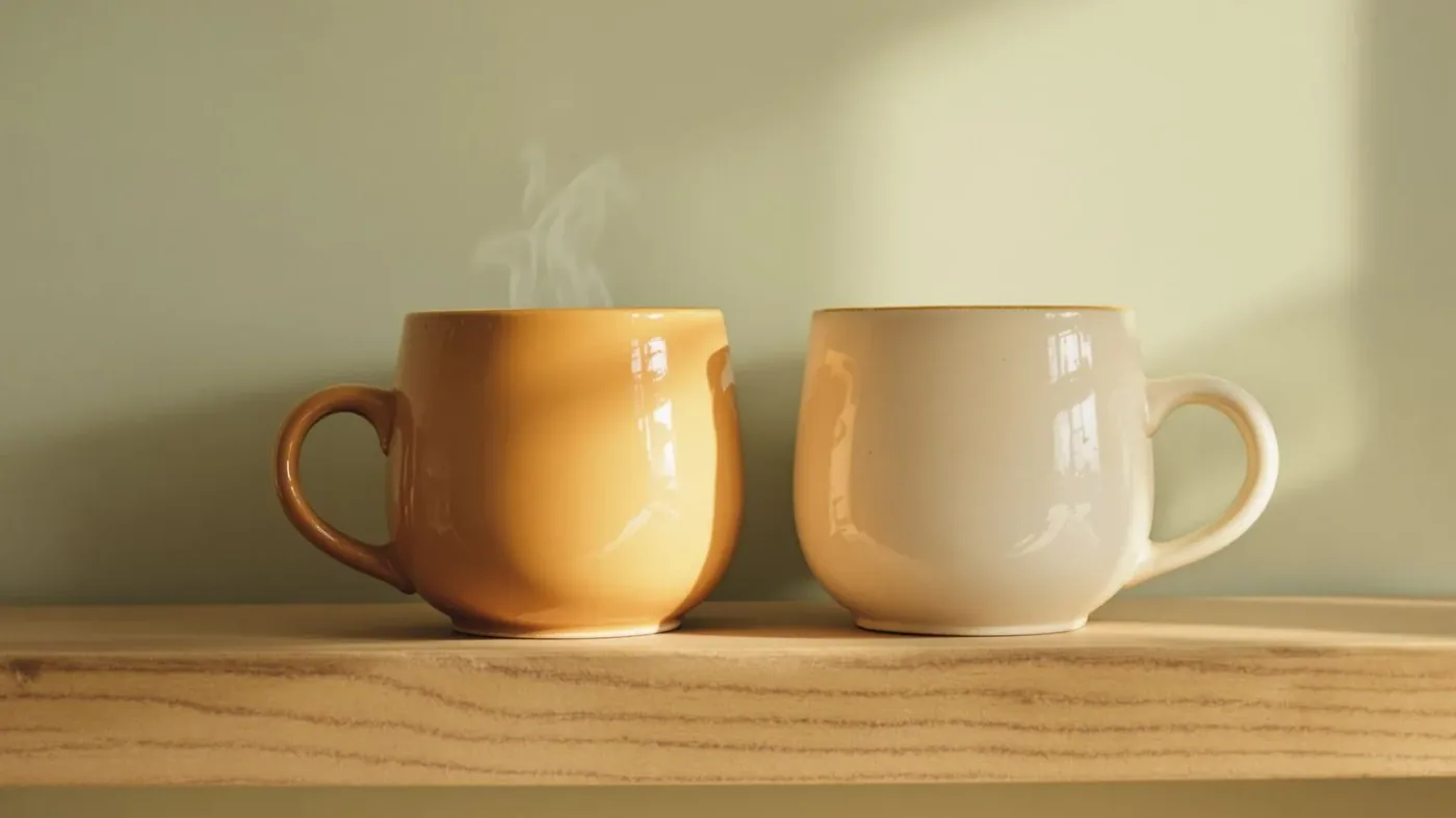 Two ceramic mugs side by side on wooden shelf in warm light representing building a connection floor not a perfect social life