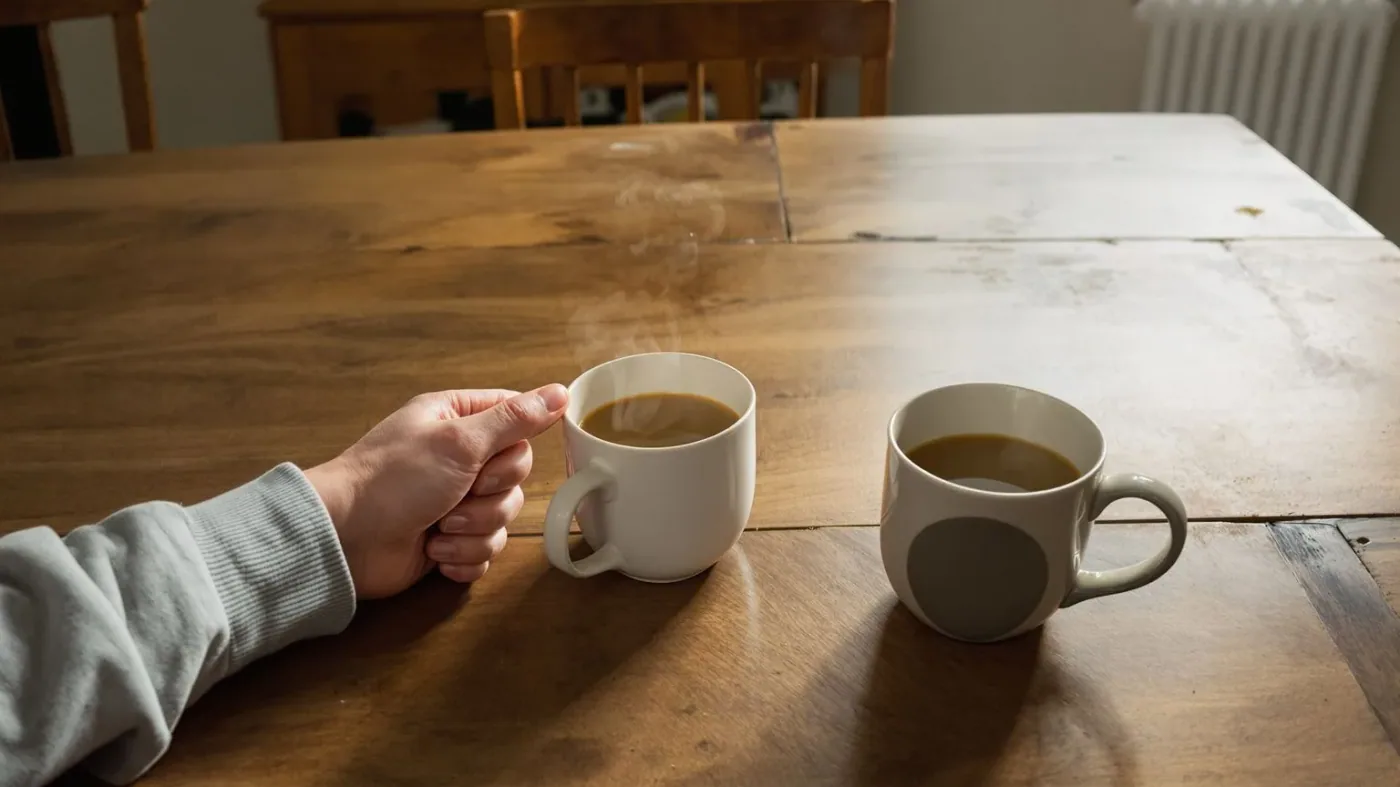 Two coffee cups on a kitchen table, one untouched, showing why loneliness keeps happening even when both people care