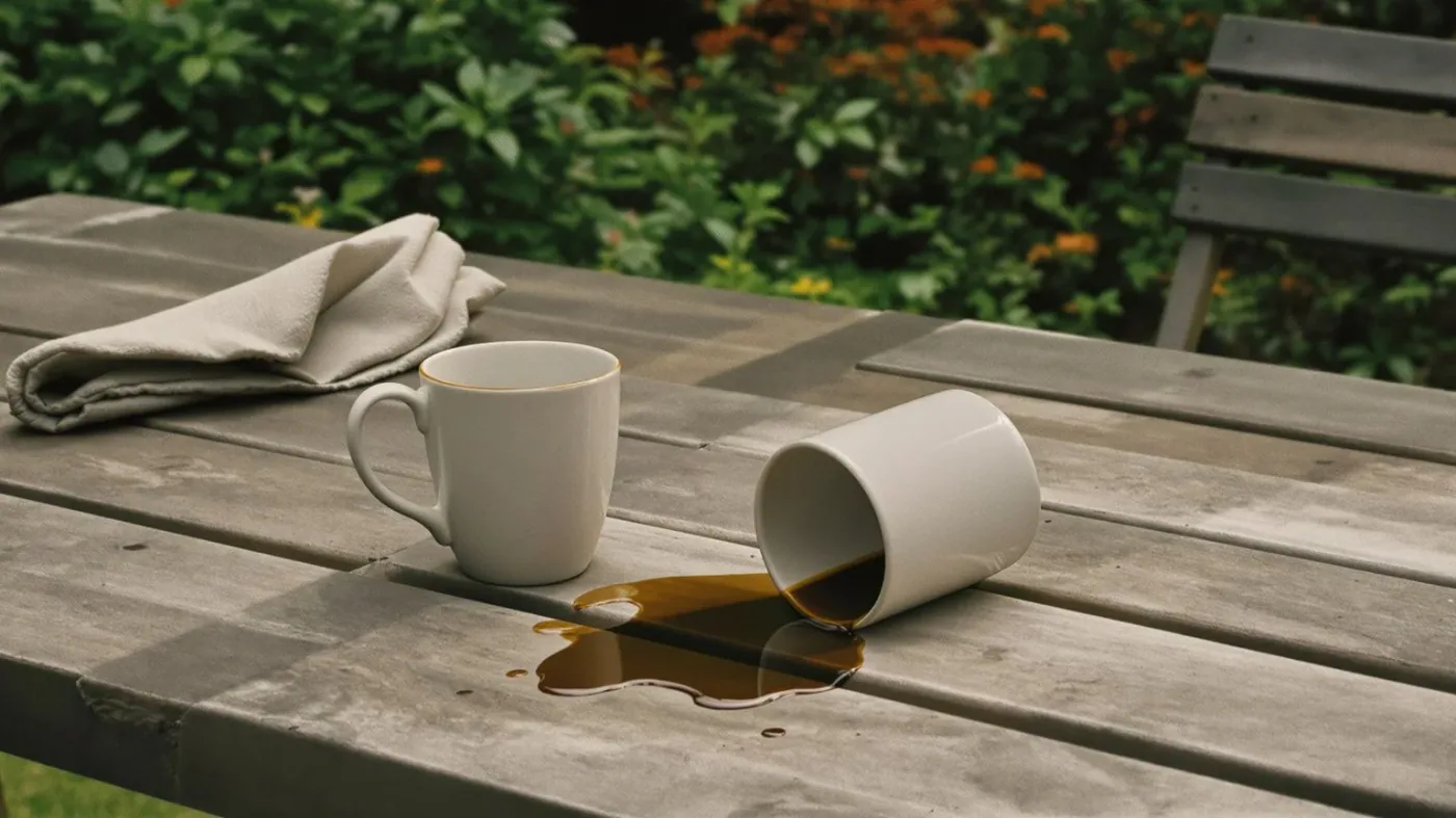 Two coffee mugs on an outdoor table with one tipped over, showing repair and boundaries when conversations go wrong