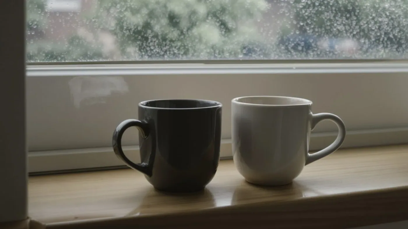 Two coffee mugs placed close together on windowsill showing what hidden feelings usually look like when real