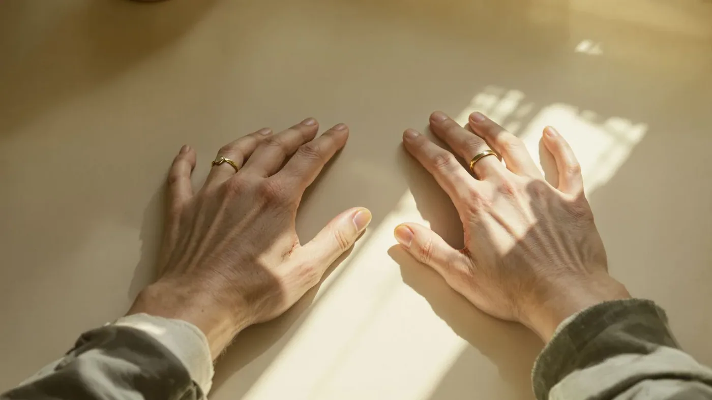 Two hands resting close together on a sunlit countertop, showing what emotional availability actually sounds like