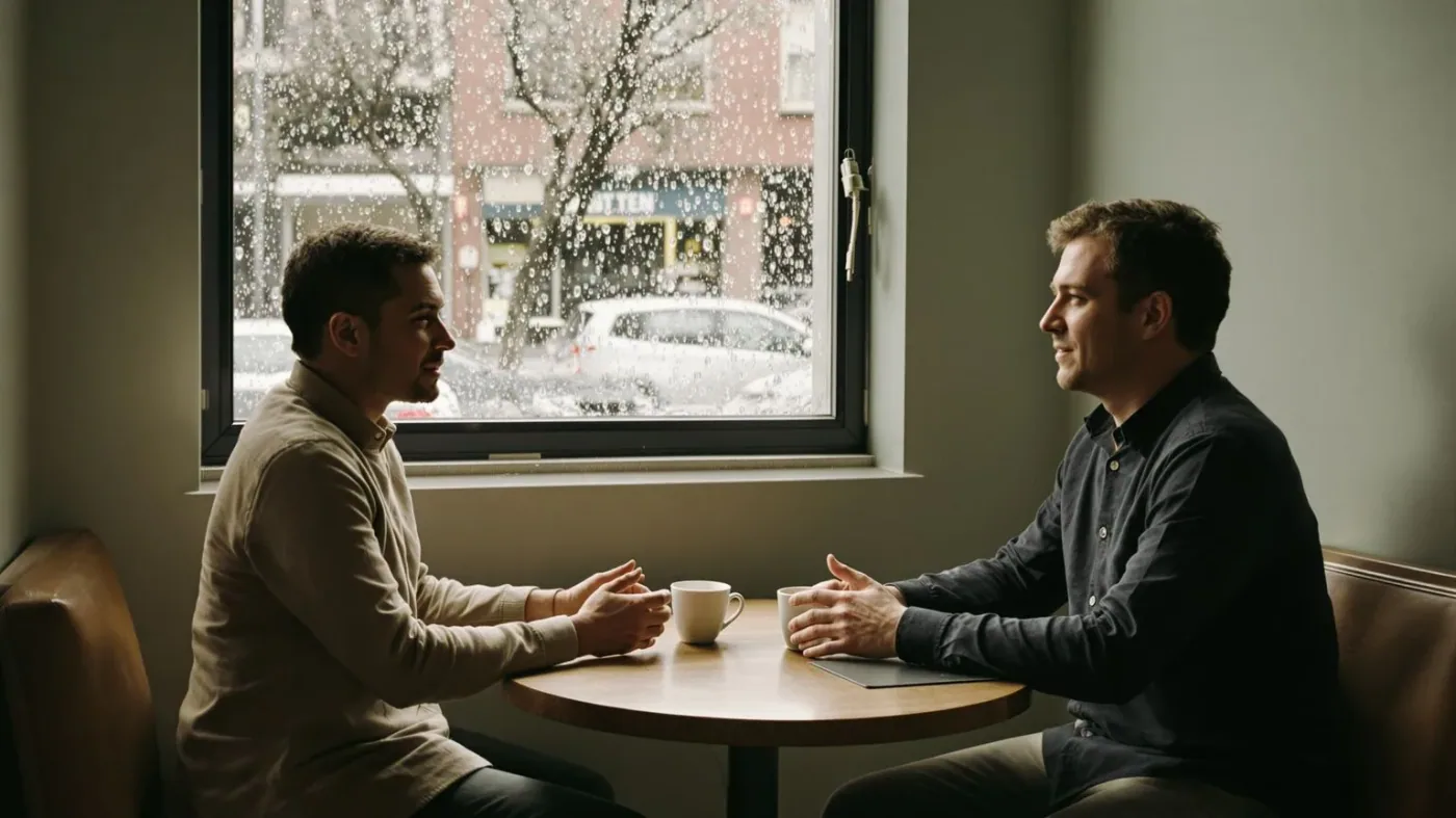 Two people in honest conversation at café table showing a clear method to be real with people
