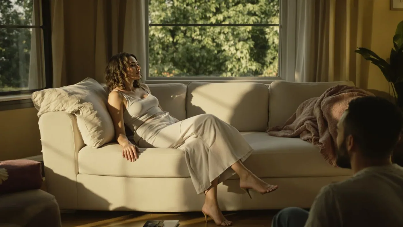 Two people sitting close in living room with small gap between them showing why it hurts even when people are around