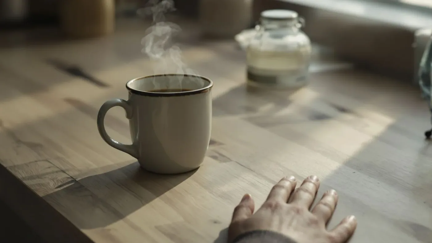 Untouched coffee mug and curled hand on kitchen counter showing subtle signs of emotional suppression