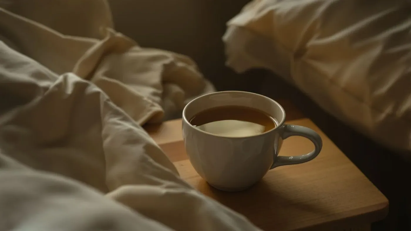 Untouched cold tea on nightstand beside rumpled pillow showing signs of bottling up emotions through stillness