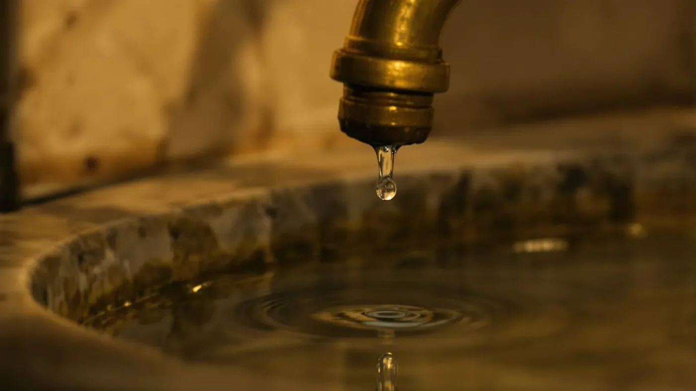 Water droplet at a brass faucet above a stone basin illustrating what makes free somatic exercises helpful or too much