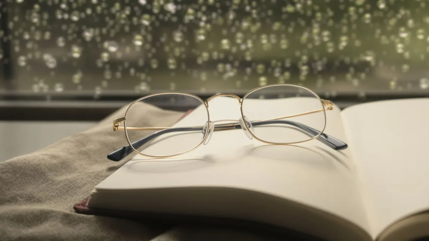 Wire-frame glasses resting on blank journal near rain-streaked window in soft light, symbolizing why cant i cry as protection