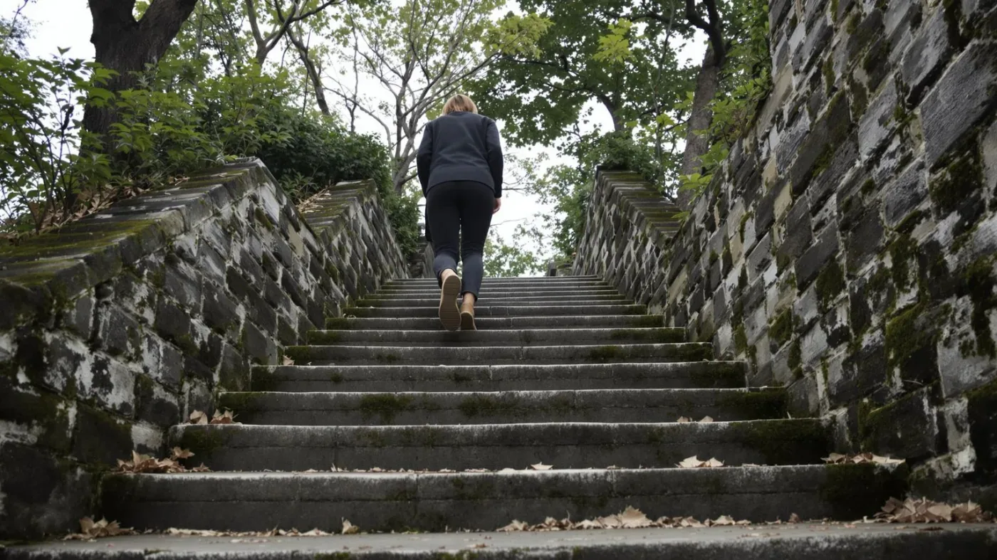 Woman ascending outdoor stone steps in morning light representing the 12-minute emotional numbness reset practice