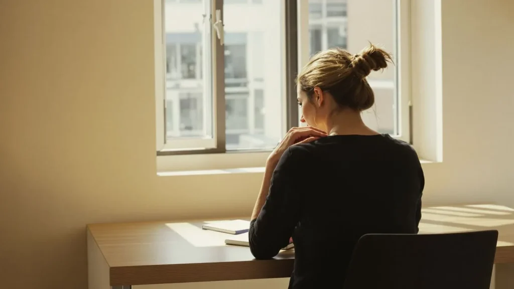 Woman at clean desk pressing hand to collarbone showing signs of emotional masking in bright natural light