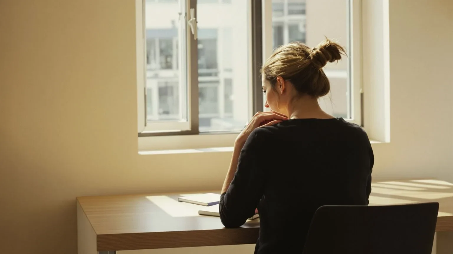 Woman at clean desk pressing hand to collarbone showing signs of emotional masking in bright natural light