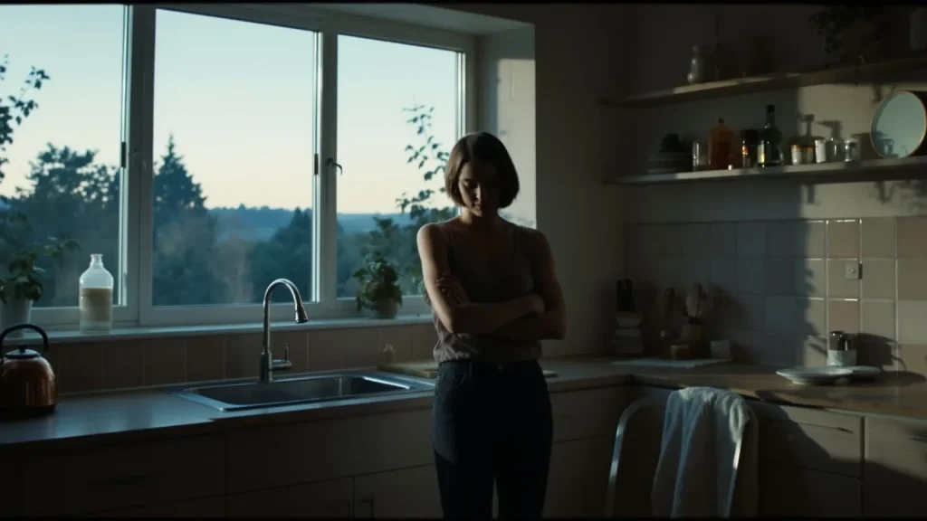 Woman bracing her body in a quiet kitchen at dusk, illustrating somatic exercises for nervous system starting point