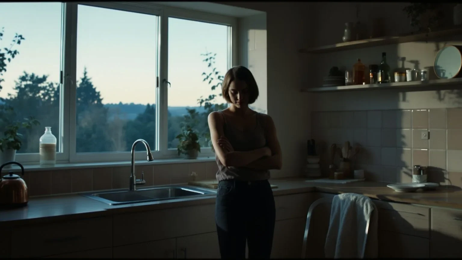 Woman bracing her body in a quiet kitchen at dusk, illustrating somatic exercises for nervous system starting point