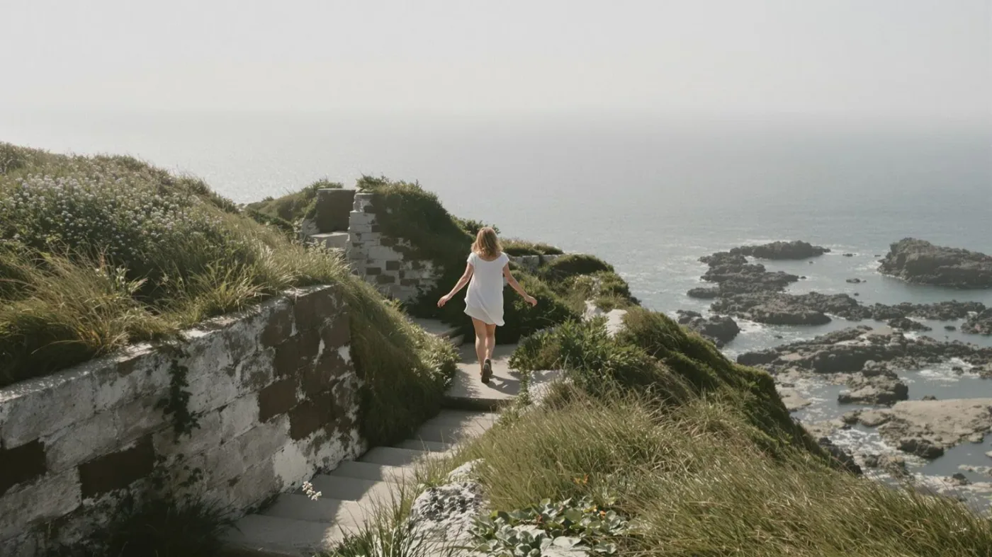 Woman descending coastal stone steps with relaxed body moving toward open horizon