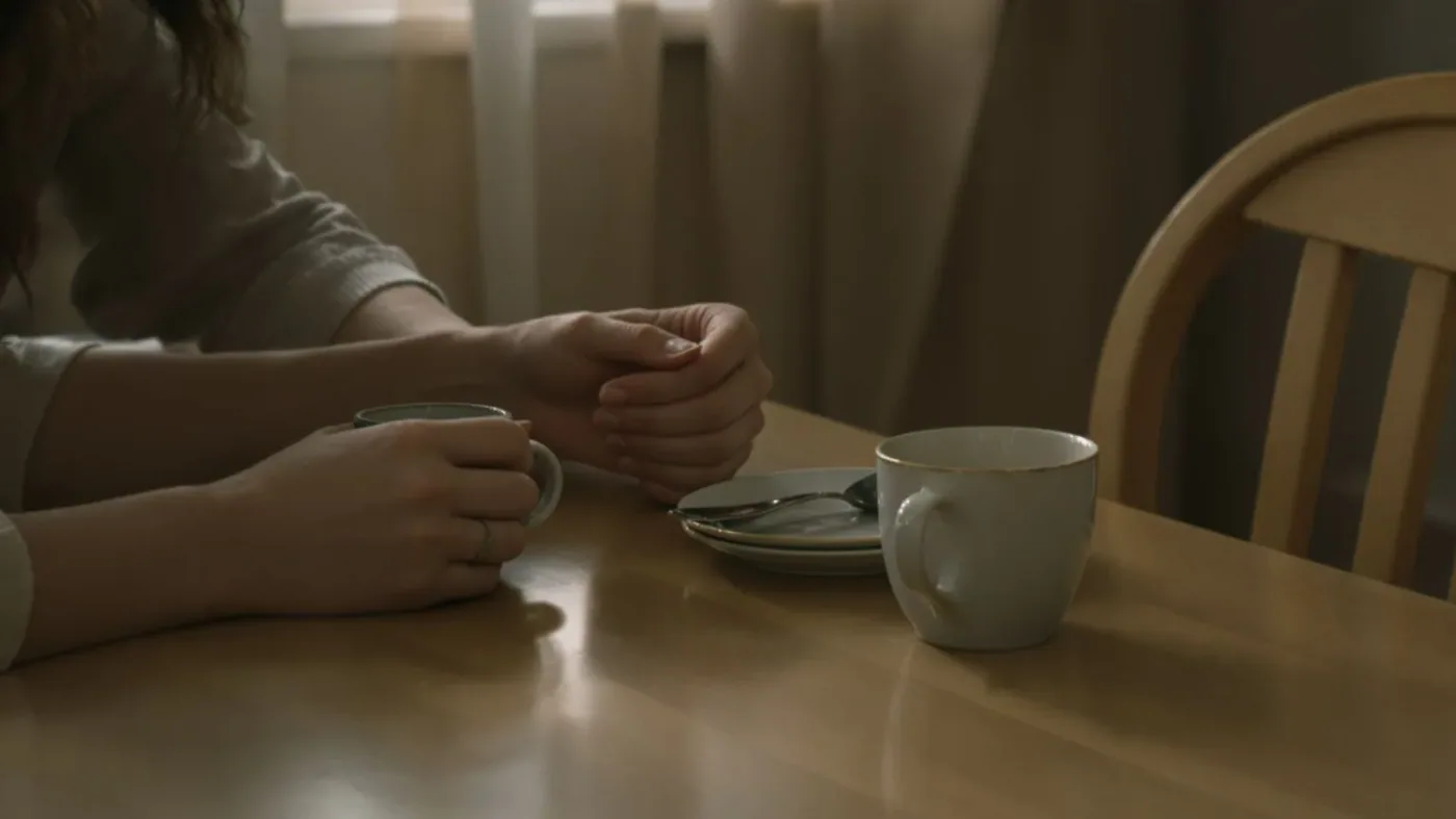 Woman gripping coffee cup tightly at kitchen table with empty chair opposite, relationship loop of feeling misunderstood